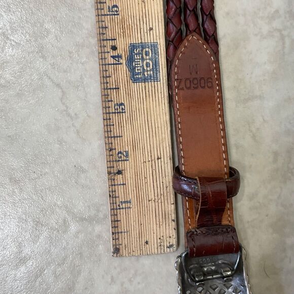 Vintage Brighton 1995 Silver Buckle Brown Braided Leather Waist Belt embossed M - Picture 10 of 12